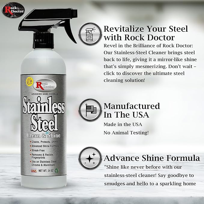 Rock Doctor Stainless Steel Cleaner and Protectant Streak-Free Cleaning Solution for Chrome and Aluminum Appliances or Surfaces Smudge Resistant Shine 24 oz. Spray Bottle (6)