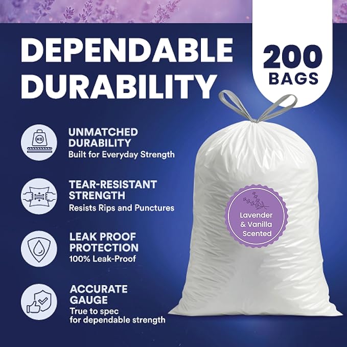 Plasticplace 8 Gallon Trash Bags │ 0.7 Mil │ Lavender and Soft Vanilla Scented Garbage Can Liners │ 22 x 22 (200 Count) White