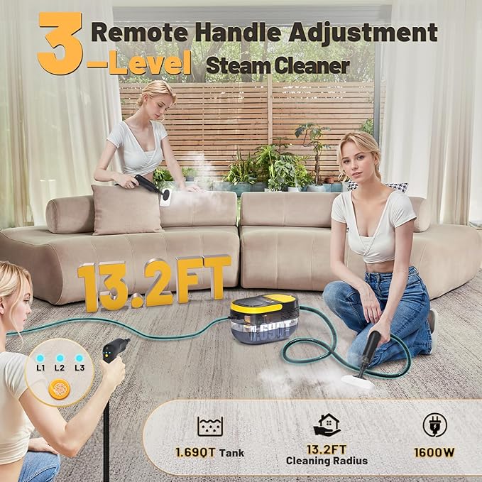 Gautye Steam Cleaner 3-Level Adjustable Handle 15s Heat-Up 1.69 Quarts Tank Portable Steamer for Cleaning with 11 pcs Accessories Steam Cleaner for Home for Dirt Grease Grout