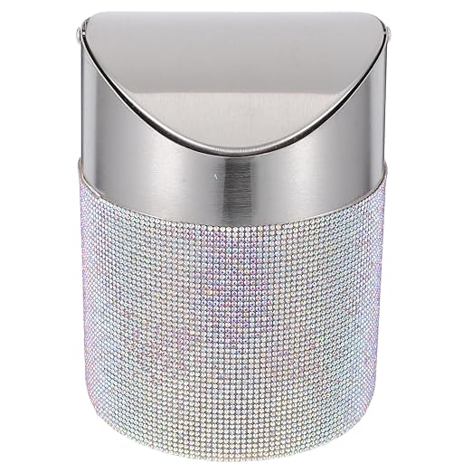 TOYANDONA Mini Trash Can with Flip Lid Stainless Steel Round Desktop Wastebasket with Colorful Rhinestones Compact Garbage Bin for Bedroom Office Small Spaces