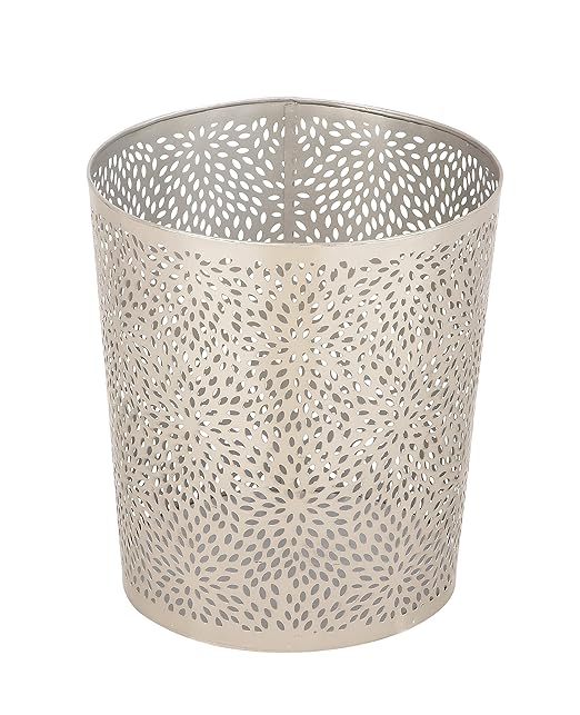 CosmoLiving by Cosmopolitan Metal Small Waste Bin with Laser Carved Floral Design 9 x 9 x 10 Silver