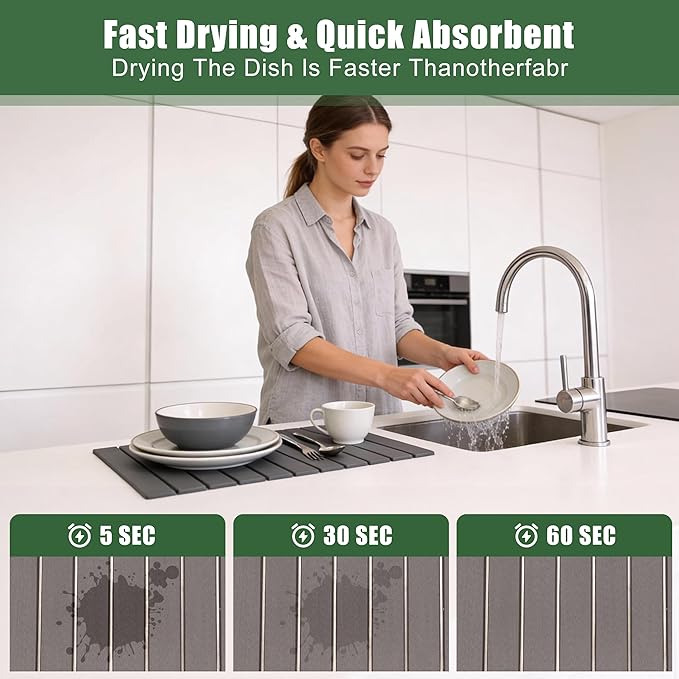 Large Stone Drying Mat for Kitchen Counter 24×16 Foldable Super Absorbent Stone Dish Drying Mat for Tableware Bottles and Cups Non Slip Diatomaceous drying matt kitchen counter (Dark Gray)