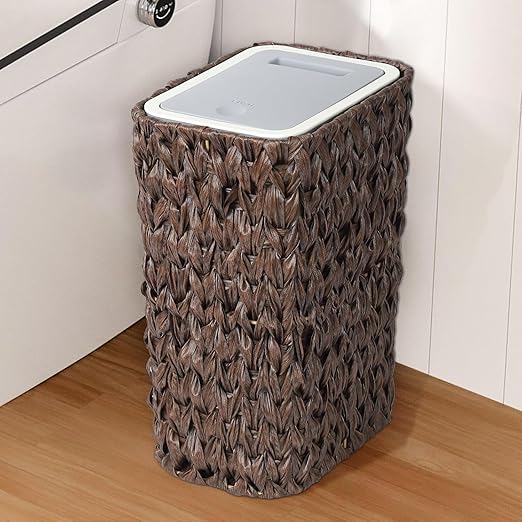 Bathroom Small Trash Can with Lid2.6 Gallon Small Garbage Can with Rattan Basket Slim Wicker Wastebasket Trash Can Press Top Lid for BathroomKitchenOfficeLiving RoomBedroom Brown