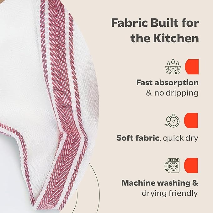 Zeppoli Classic Kitchen Towels -15 Pack 100% Natural Cotton Towel Set Reusable Wash Cloths Absorbent Dish Towels Machine Washable Hand Towels Kitchen Essentials - 14 by 25 - Red Striped