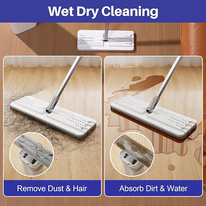 Mop and Bucket Set Flat Mops for Floor Cleaning Wall Mop with 60 Extensible Handle Hardwood Floor Mop with 4 Microfiber Pads