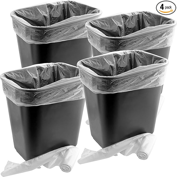 Space-Saving Trash Can and 4 Gal. Leak-Proof Liners Combo 4Pk. Small Black Plastic Wastebasket and Clear Bags Great for Bathroom Kitchen or Office. Garbage Bin Fits Under Most Desks and Cabinets
