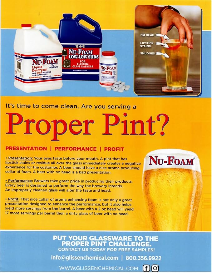 Nu-Foam Glass Washing Powder - Detergent for Bar Glassware – Original Streak-Free Solution - Hand Washing Bar Tavern Brewery Supplies - Concentrated 2 Lb Jar