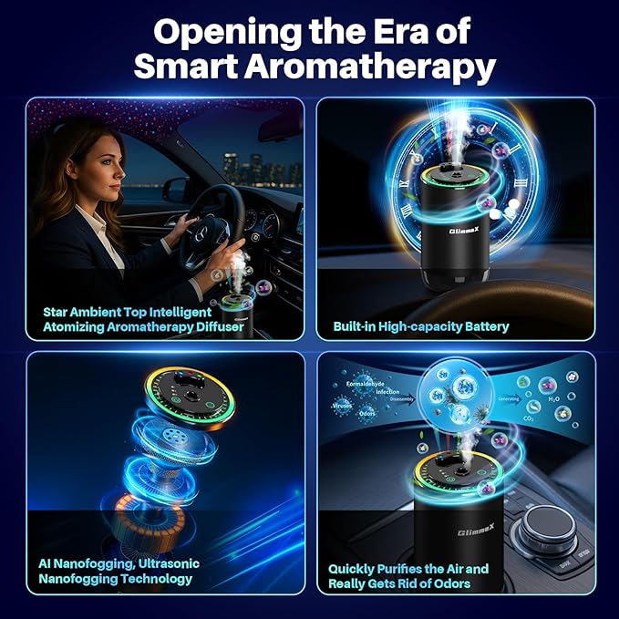 Smart Car Air Freshener Diffuser with Starry Sky Projection and 50ml Perfume Auto On/Off Intelligent 3 Adjustable Spray Modes Rechargeable Car Aroma Diffuser Cologne