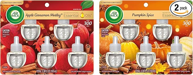Air Wick Plug in Scented Oil 5 Refills Apple Cinnamon Medley 3.38 oz and Plug in Scented Oil 5 Refills Pumpkin Spice Fall Scent Fall Spray (5x0.67oz)