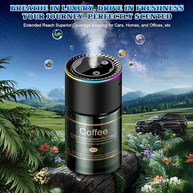 Smart Car Air Freshener Diffuser - 270-Day Long-Lasting Essential Oil (6.09oz/180ml) Auto On/Off Sensor Ultrasonic Dual Modes Multi-Mode Adjustable Natural French Fragrance Oils Coffee ﻿