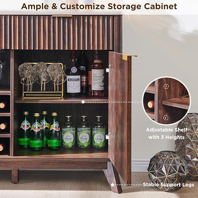 OKD Fluted Wine Bar Cabinet 60 Wide Modern Buffet Sideboard with Ample Storage - 2 Side Cabinets 3 Drawers 4 Glass Holders &amp 12 Wine Racks Coffee Bar Cabinet for Kitchen Dining Room Dark Wa