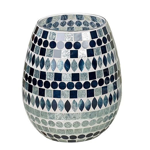 Touch of Class Mosaic Sea Wastebasket Multi Jewel Laser-Cut Hand-Cut Stripes in Blue Sapphire and Aqua Mist Hues on a Natural Clay 10 Inches High