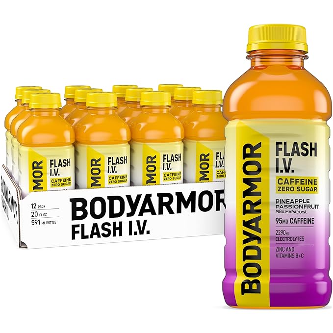 BODYARMOR Flash I.V. Zero Sugar + Caffeine Pineapple Passionfruit Electrolyte Beverage Hydration Drink For Rapid Rehydration Post Workout Recovery 20 Fl Oz (Pack of 12)