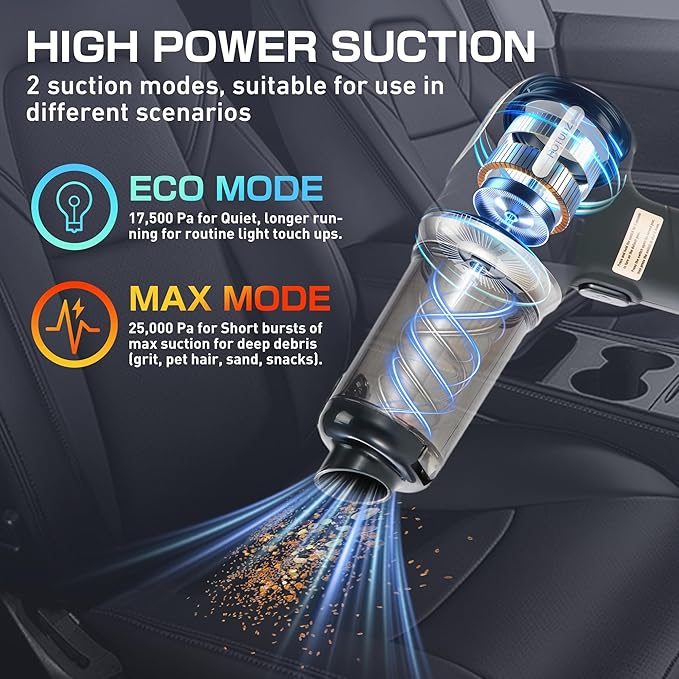 Portable Cordless Car Vacuum 17.5KPa/25KPa High-Suction Handheld Rechargeable Mini Vac for Seats Floor Mats Pet Hair &amp Tight Crevices