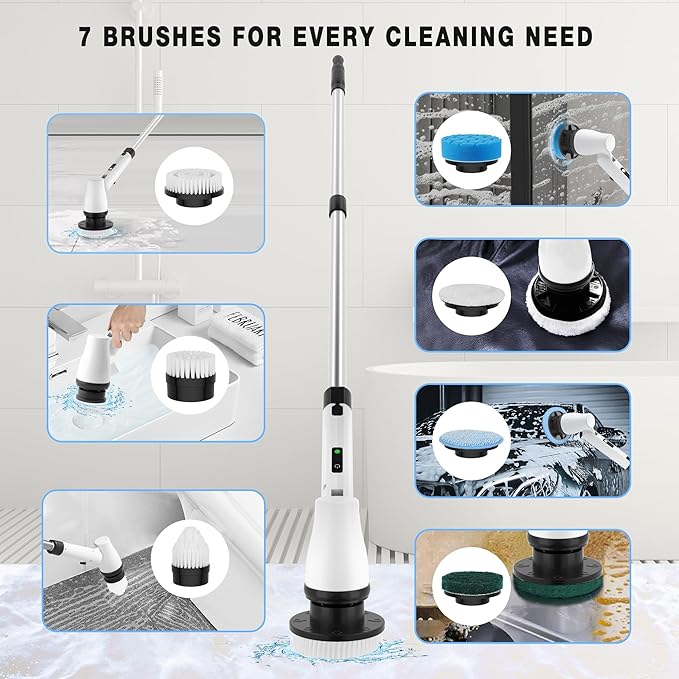 Electric Spin Scrubber Cordless Cleaning Brush with 7 Replaceable Brush Heads &amp Adjustable Extension Handle 2 Speed Power Shower Scrubber for Bathroom Tub Tile Floor (White)