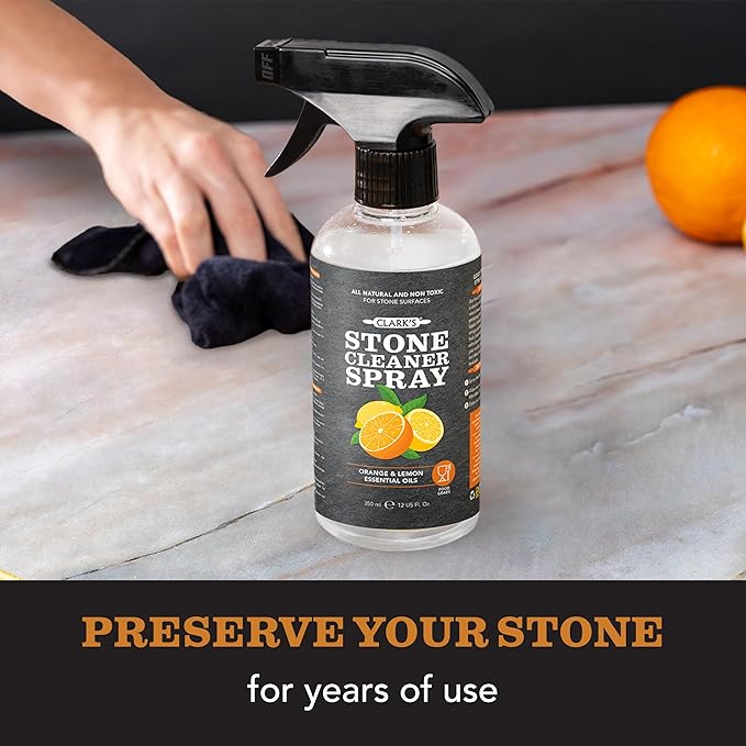 CLARK'S Natural Stone Spray Cleaner with Microfiber Cloth for Soapstone Granite Quartz Marble &amp other Countertop Surfaces – Pure Ingredients to Keep Stone Protected Citrus Oil Extracts 12oz