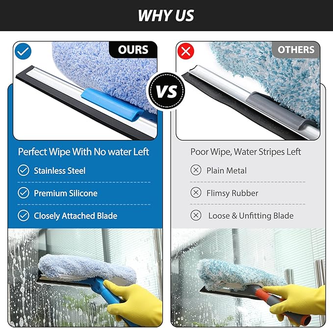 VITEVER Professional 69'' Window Squeegee Cleaner Tool with Extension Pole 2-in-1 Squeegee for Window Cleaning Kit with Scrubber and Rotating Head 1 Blade 2 Scrubber