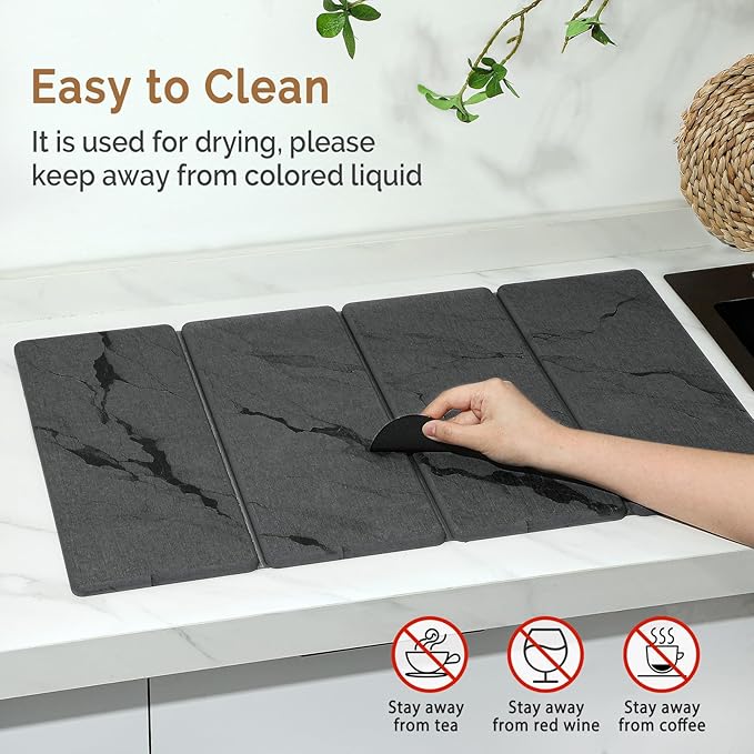Large Stone Dish Drying Mat for Kitchen Counter 2 PCS Quick Dry Stone Mats Foldable Water Absorbing Diatomaceous Earth Drying Dishes Pad for Countertop Bottles Utensils Cup(Dark gray 24x16&amp8x