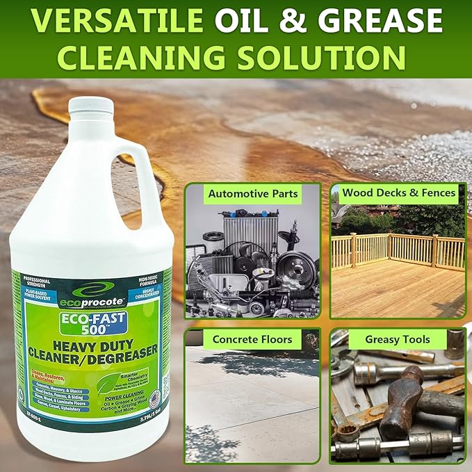 EcoFast 500 New &amp Improved Heavy-Duty Degreaser Cleaner — Non-Toxic Biodegradable Grease Stain Dissolver — Multi Use Concentrate for Kitchen Automotive Floor Wood Fabric Driveway — 1 Gallon
