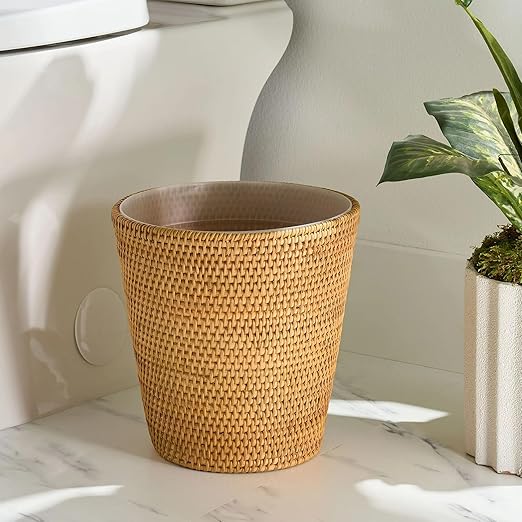 Rattan Bathroom Wastebasket - Natural Woven Trash Can with Liner Water-Resistant Design for Bathroom Bedroom or Office Boho Home Decor