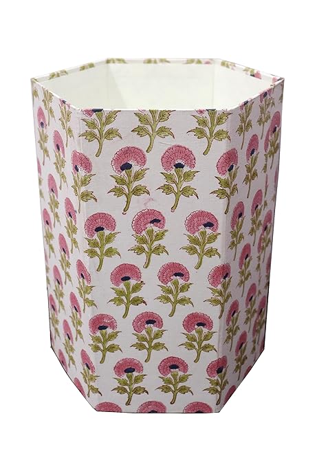 Generic 3.3 Gallon Cotton Hand Block Printed Paper Waste Basket |Small Decorative Trash Can for Housewarming Gifts in Living Room Bedroom Bathroom | Eco-Friendly Plastic-Free (1 PINK FLOWAR)