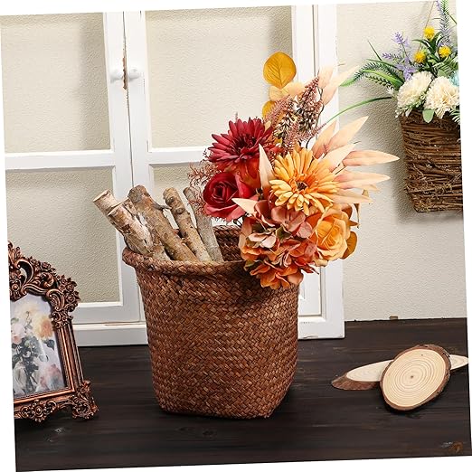 1pc Straw Woven Wastebasket Natural Design Office Trash Container Home Trash Can