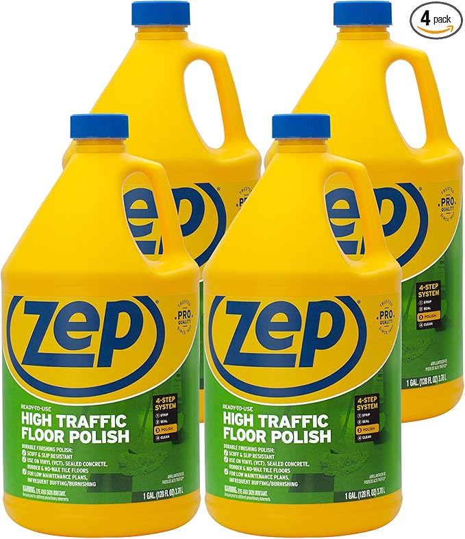 Zep Commercial High-Traffic Floor Polish 4-1 Gallon Bottles Professional Grade Floor Finish For a Range Of Hard Floor Surfaces (ZUHTFF128)