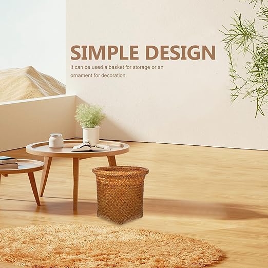Alipis Seagrass Waste Basket Wicker Trash Can Woven Garbage Bin Laundry Hamper Rattan Plant Pot Rustic Storage Basket Rubbish Recycling Container for Kitchen Home Office