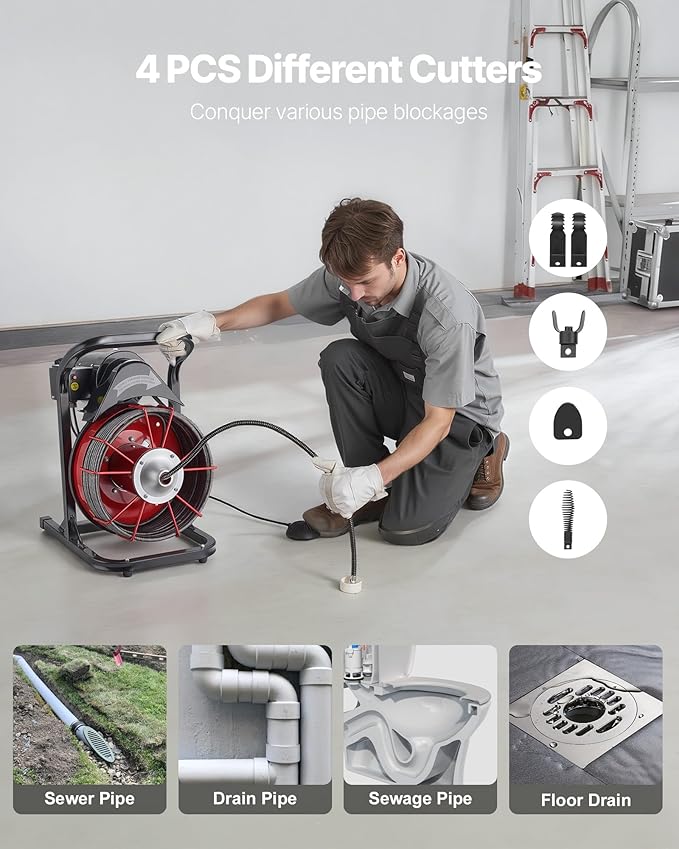 VEVOR Drain Cleaner Machine 75 FT x 3/8 Inch Sewer Snake Auger Manual Feed with 4 Cutters &amp Air-activated Foot Switch for 2 to 4 Pipes