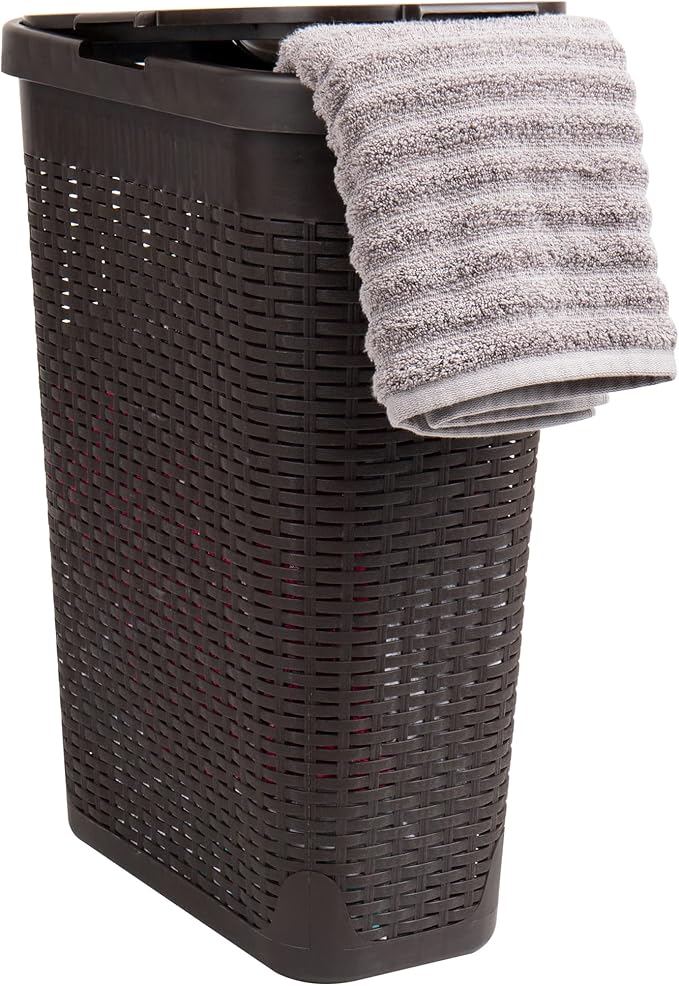 Mind Reader Slim Laundry Hamper with Lid 40L Clothes Basket Narrow Tapered Design with Ventilated Cutout Pattern Plastic Brown