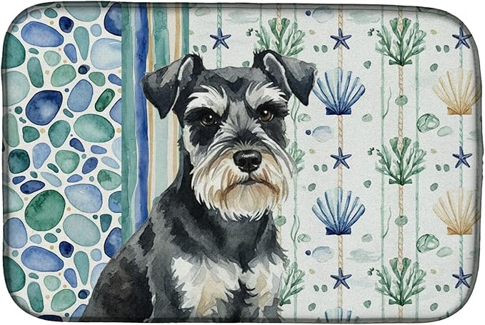 Caroline's Treasures Black &amp Silver Miniature Schnauzer Coastal Sea Glass Dish Drying Mat Absorbent Dish Drying Mat Pad for Kitchen Counter Dish Drainer Mat for Countertop 14 x 21 Multicolor