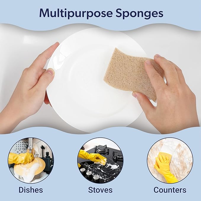 happimess WPE2000A-12SET Natural Plant Based Non-Scratch Sisal Hemp/Cellulose Scrubbing Dish Sponge Cleaning Sponge for Dishes Bathroom Household Beige/White (Set of 12)