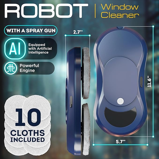 Dark Blue Automatic Window Cleaner Robot W250 11.6 x 5.7 x 2.7 Inch with 30 ml Automatic Water Spray and 10 Cloth Pads. Window Vacuum Cleaner for Windows. Automatic Glass Cleaner Vacuum