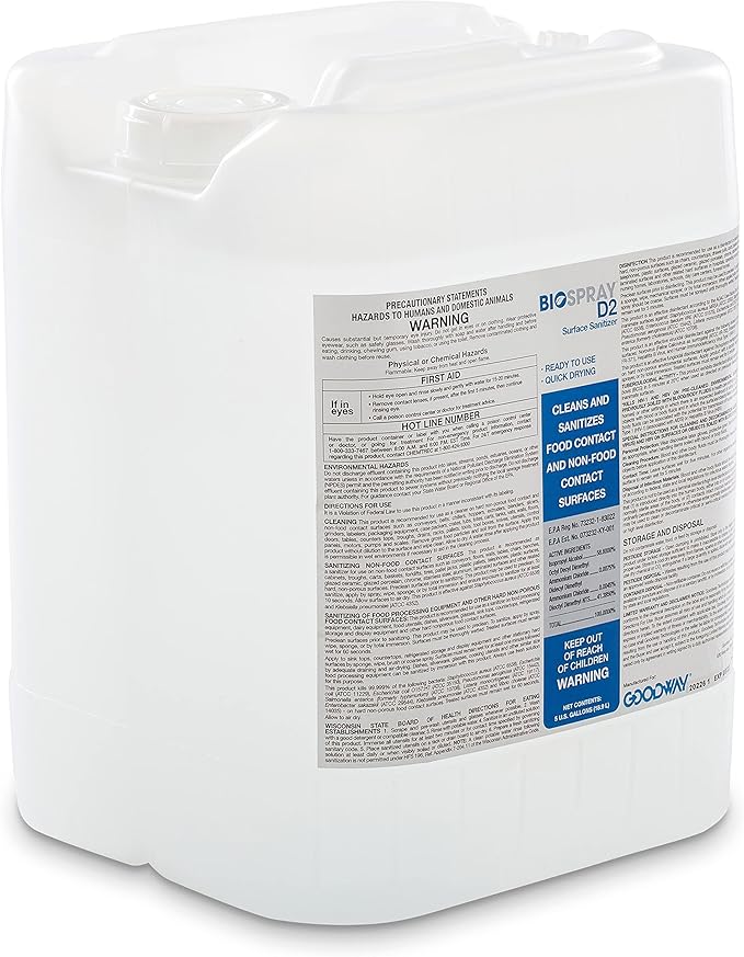 Goodway BioSpray D2 Surface Cleaner Sanitizer and Disinfectant 60 Second Dry Time -No Wiping. Alcohol-Based. Sanitizes Non-Food Contact Surfaces in 10 Seconds 5 Gal. Container