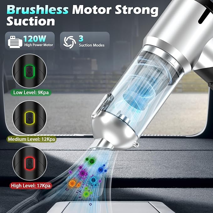 Car Vacuum Portable Cordless Foldable Mini Vacuum 17000PA Strong Suction 40mins Runtime 4-in-1 Air Duster &amp Air Blower Handheld Vacuum with One-Click Dust Removal for Car HomeOffice Pet