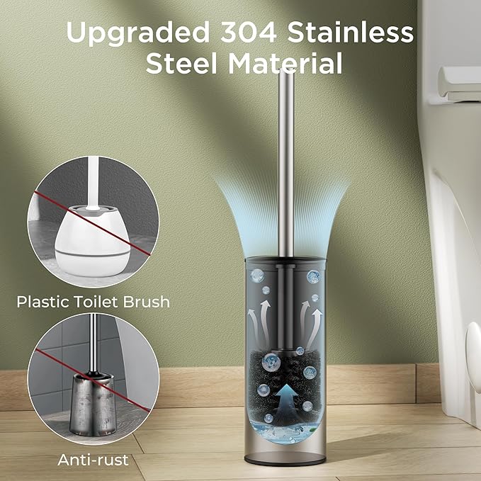Toilet Brush and Holder Set Toilet Bowl Brush with Heavy Duty 304 Stainless Steel Base and Extra Long Handle Toilet Bowl Cleaners Brush for Bathroom (Stainless Steel)