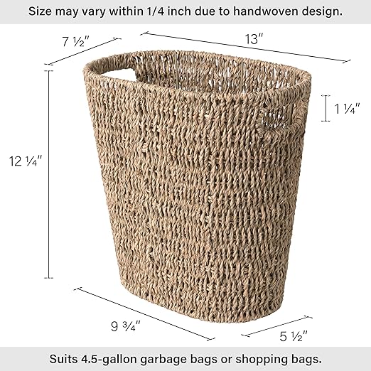 StorageWorks Wicker Waste Basket Handwoven Seagrass Trash Can with Built-in Handles Wicker Garbage Can for Bedroom Bathroom 1 Pack
