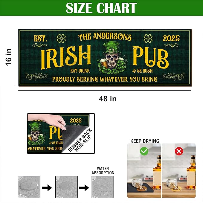THUYPT Personalized Irish Drying Mat for St Patrick's Day Decor Irish Bar Pub Accessories Spill Mat Countertop Bar Shamrock Dish Drying Mat for Bar Counter Absorbent Coffee Maker (05)