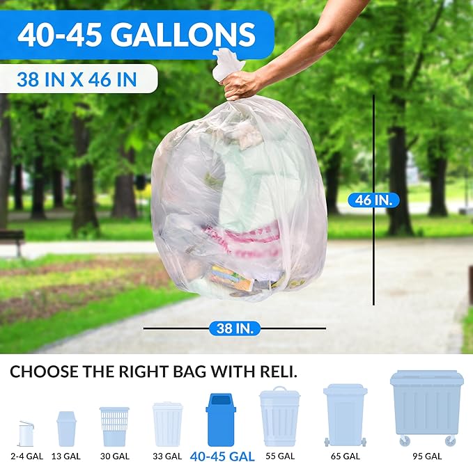 Reli. 40 to 45 Gallon Trash Bags Heavy Duty | 250 Trash Bags | Super Sizeable Clear Garbage for Serious Cleanup