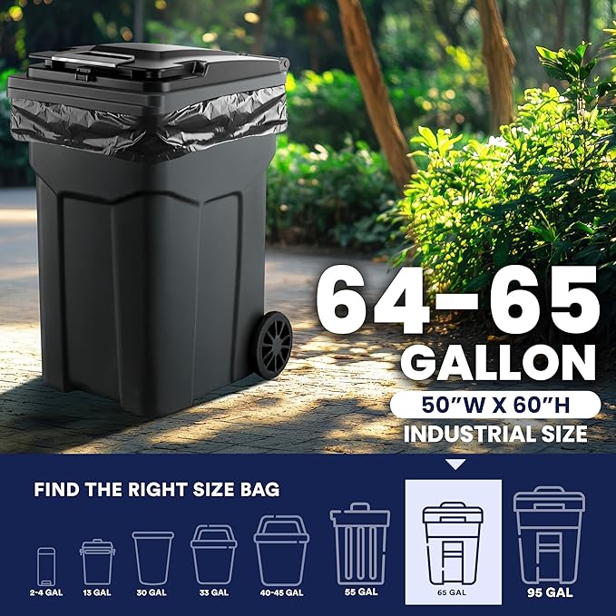 Plasticplace 64-65 Gallon Trash Can Liners for Toter │ 3.0 Mil │ Black Heavy Duty Garbage Bags │ 50” x 60” (25 Count)W65LDBTL3