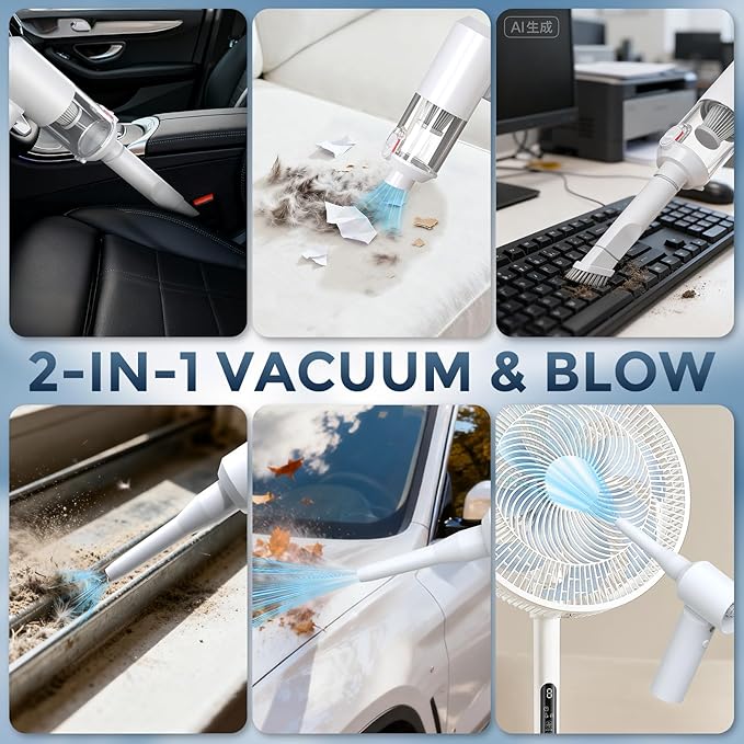 Car Vacuum Cordless: 12000Pa 2 in 1 Handheld Vacuum &amp Blower - Hand Vacuum Portable Cordless with Led Light Multi-Nozzles for Car Home Office Pet Hair White