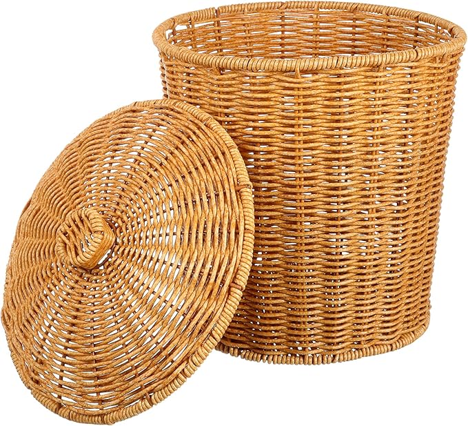 Rattan Waste Basket Wicker Trash Can with Lid Round Trash Bin Woven Storage Basket Clothes Container Laundry Hamper for Bedroom Living Room Bathroom Chocolate