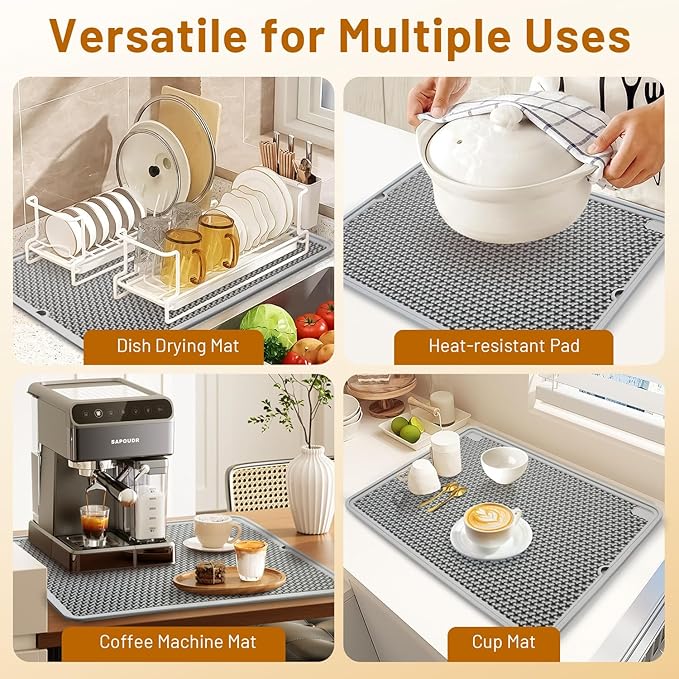 Large 20x15 Dish Drying Mat for kitchen Counter | Super Absorbent Food-Grade Silicone Double-Layer Design Non-Slip &amp Easy to Clean | Drainer Pad for Sink Coffee Machine &amp Drying Rack | G