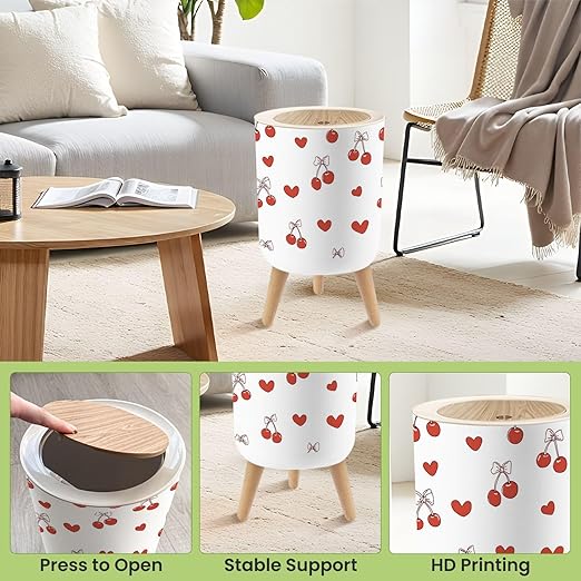 Bathroom Trash Can with Lid Draw Seamless red Cherry Bow Retro Valentine Day Fabric Print Doodle Garbage Bin Waste Basket for Kitchen Office Bedroom Decoration Diaper Pail 1.8 Gallon