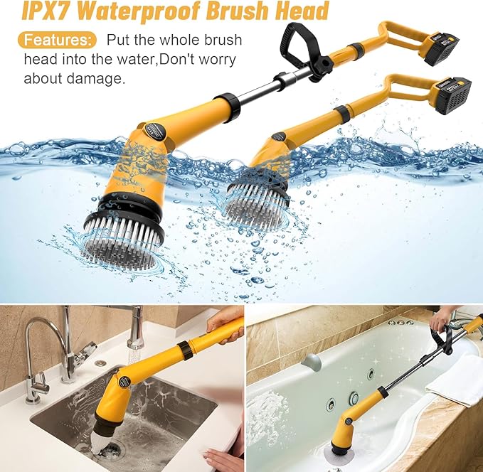 Qimedo 1500 RPM Electric Spin Scrubber with Two Batteries Q2 Pro Cordless Battery Powered Shower ScrubberElectric Tile Floor Scrubber with Display for Grout/Tile/Tub (Effortless Handle/8 Brushes)