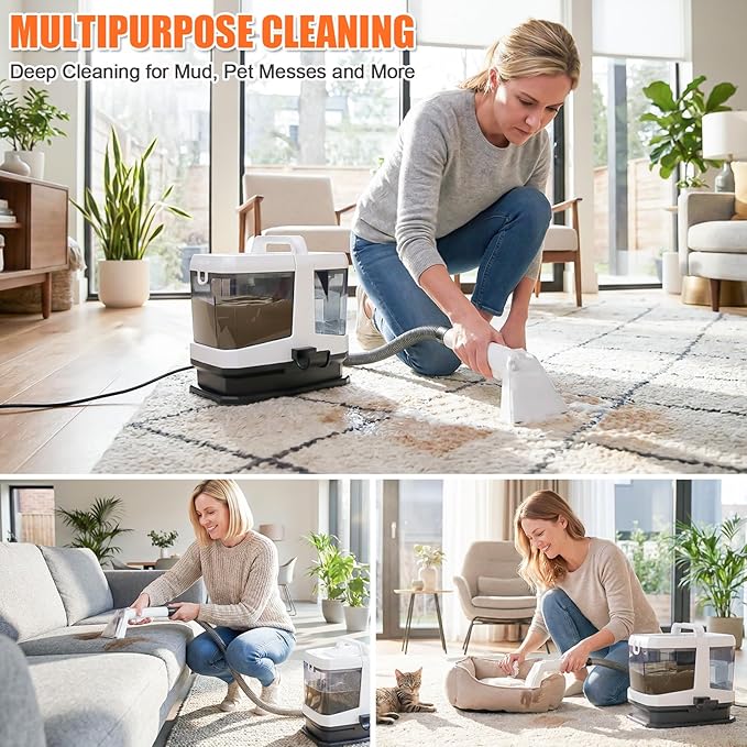 Portable Carpet &amp Upholstery Cleaner Machine 800W Brushless Motor 16KPa Powerful Suction Self-Cleaning with 3 Brush Heads Deep Cleaning Spot Shampooer for Pet Sofa Couch Car &amp Area Rugs