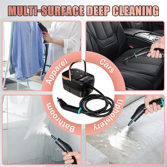 2500W Handheld Steam Cleaner10 Accessories with 8 Adjustable Pressures for Tile/Grease/Carpet 45oz Large Tank Chemical Free Cleaning Portable Multi-Surface Steamer for Home Cars Kitchens(Gold)