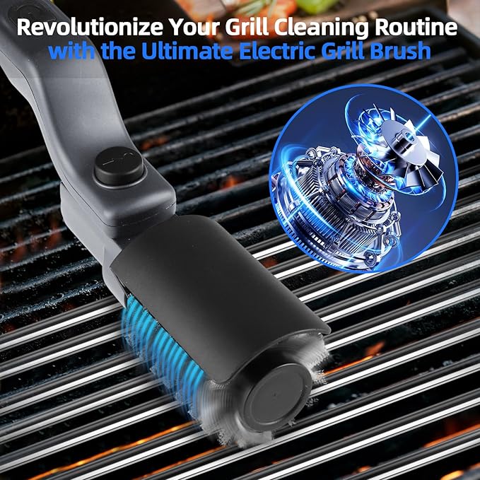 Upgraded Electric Grill Brush Cordless Rechargeable Grill Cleaning Brush with Adjustable Angle Stainless Steel Brush Head 3-Speed Power 90-Min Runtime Waterproof Cleaner for BBQ Grates (Gray)