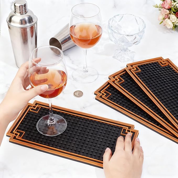 4Pcs 12x6 Inch Bar Mat Non Slip Coffee Bar Mats with Gold Border Cocktail Service Coffee Mats CounterTop Dish Drying Mat for Home Spills Restaurants Counter Whiskey and Espresso