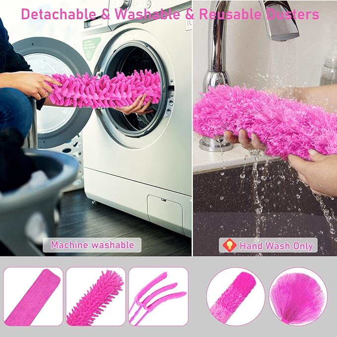 ThinkLearn Microfiber Dusters for Cleaning14PCS Feather Dusters with Extension PoleBendable Washable and Extendable Duster for High Ceilings Fans and Blinds House Cleaning Kit Pink Gift for Women